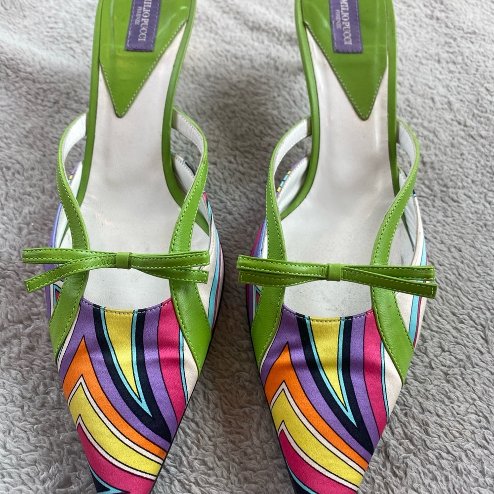 EMILIO PUCCI Satin Printed FABRIC LEATHER BOW SLIDES MULES Psychedelic Y2K 37.5